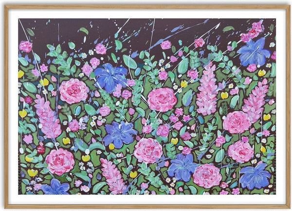 Dungeon Farm by Rebecca Wright - pink roses and blue irises on a dark aubergine ground