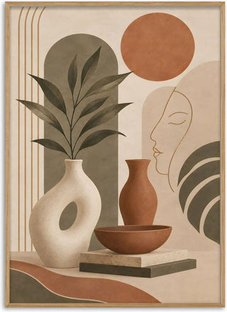 Earth Tone Abstract Still Life Art Print with Faces and Botanical Elements – Modern Boho Wall Decor - TimlessArtworks