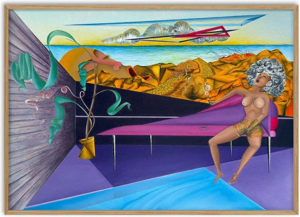 Egentid (Shadowless Times) by Emil Walli - a figure on a violet chaise by a blue pool below golden cliffs