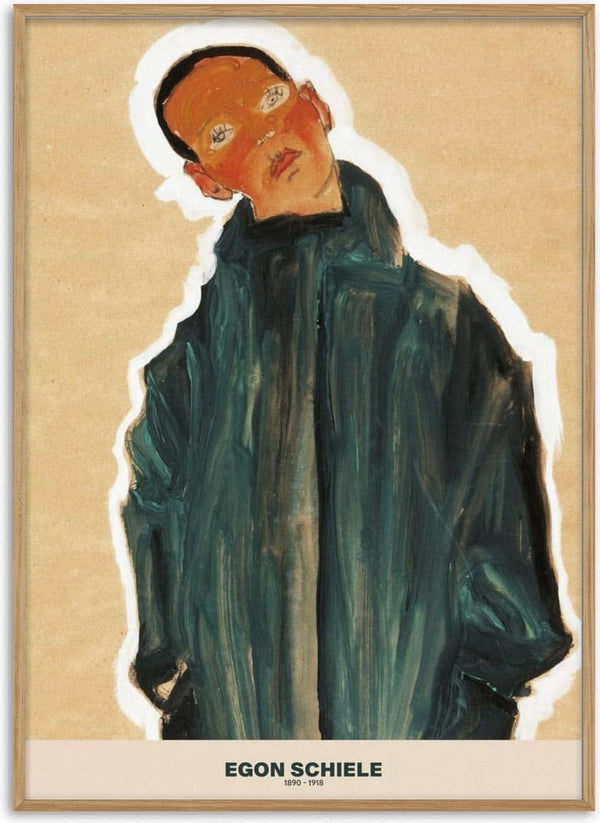 Egon Schiele Plakat featuring an abstract portrait of a person in a dark coat against a beige background.