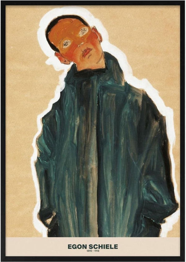 Egon Schiele Plakat featuring an abstract portrait of a person in a dark coat against a beige background.