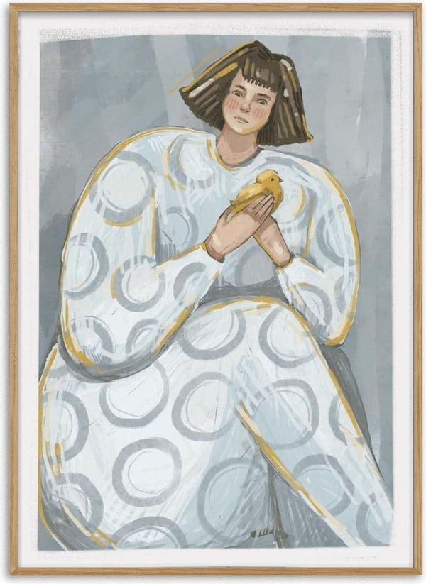 Illustration of a woman in a patterned dress gently holding a yellow bird, featured on the Endless Love poster.