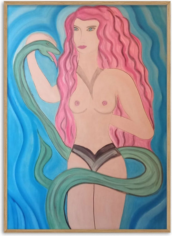 Eva in Paradise by Carmen Coduri - a pink-haired figure with a green serpent against swirling blue
