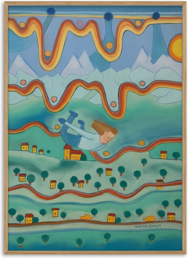 Falling from the Sky by Gerard Ceulemans - pastel drawing of a figure tumbling over a village of yellow houses and teal trees