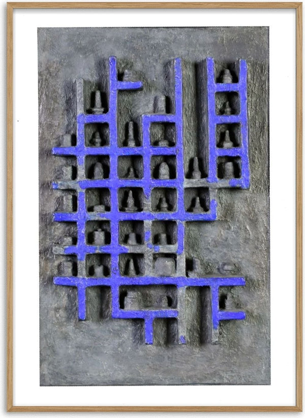 Farmacopeea1 by Ana-Maria Panaitescu - grey relief panel with a periwinkle blue grid and small cast shapes