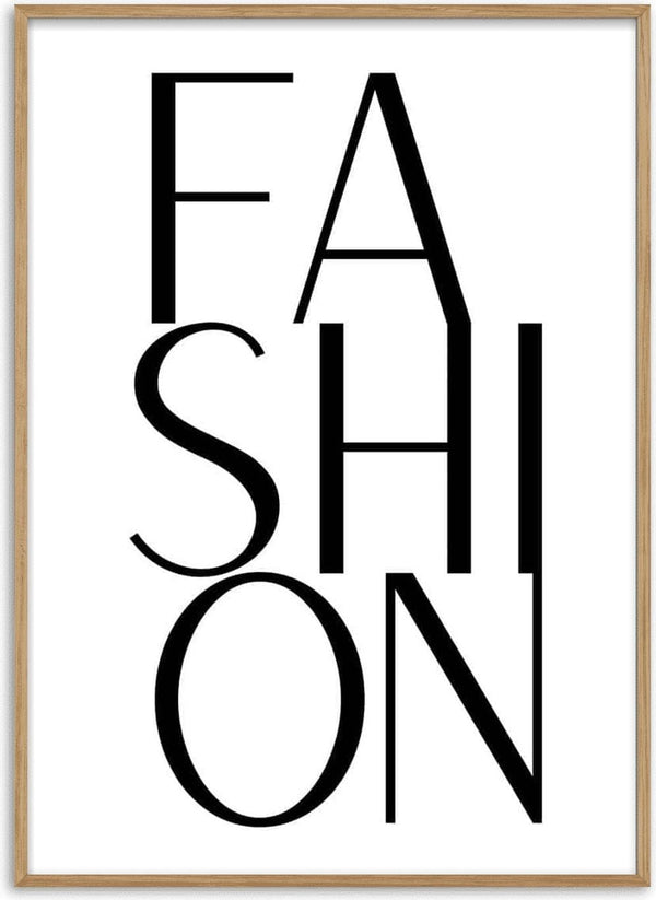 Large bold text poster spelling "FASHION" in a modern, artistic font on a white background.