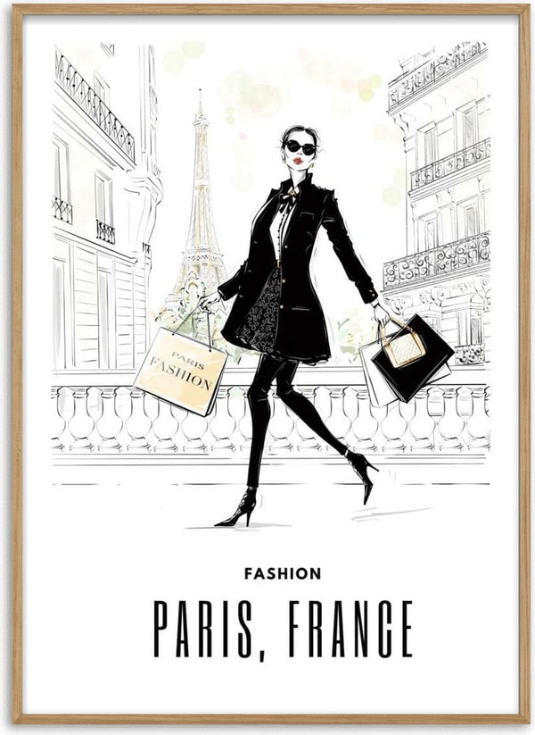 Chic woman with shopping bags and Eiffel Tower in background, promoting Paris fashion poster.