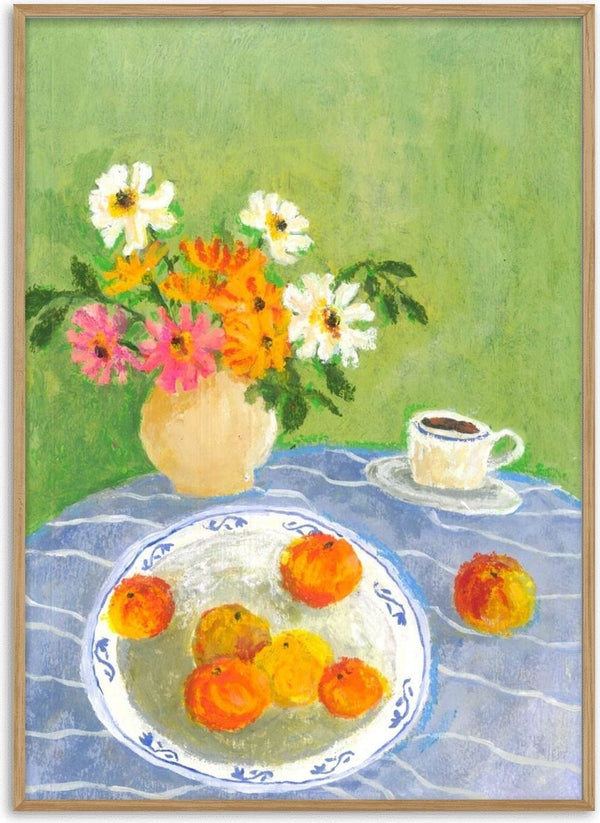 February Zinnias by Deblina Dey - zinnias in a cream jug with oranges on a blue striped cloth