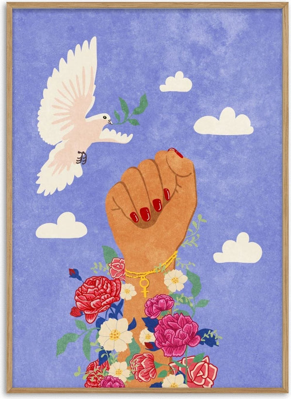 Illustration of a raised fist with red nails, surrounded by flowers, a flying dove, and clouds on a blue background.
