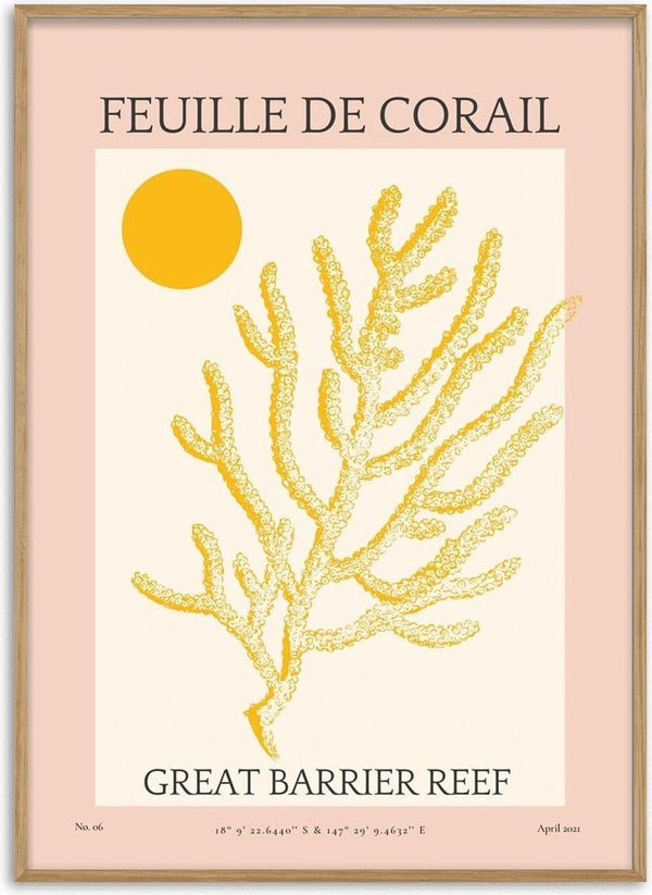 Abstract yellow coral illustration with a sun, titled "Feuille De Corail No. 06 Plakat," Great Barrier Reef theme.