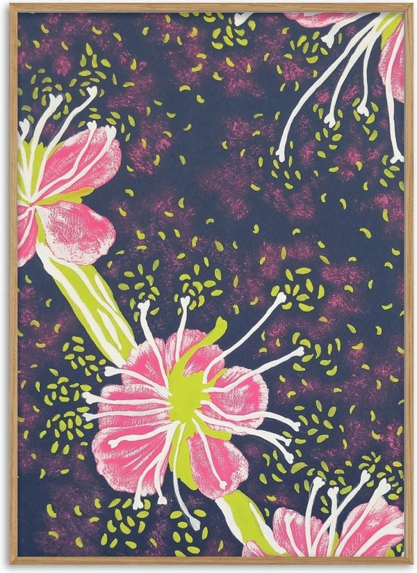 Fiori rosa by Maria Emanuela Fiori - pink blossom with long white stamens on a mottled deep navy ground