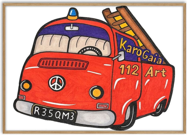 Firetruck by KaroGaiaArt - a red fire engine seen from behind with a wooden ladder and a peace sign