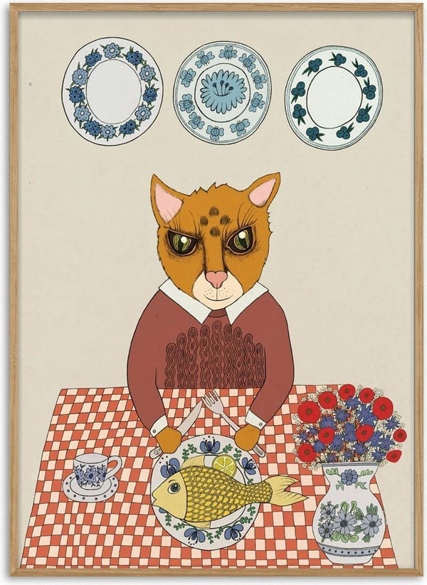 Folk illustration of a ginger cat in a maroon jumper eating fish at a red gingham table with flowers and decorative plates.