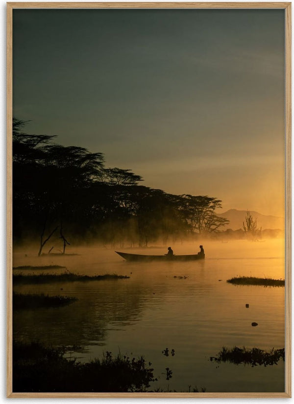 Fishermen on Naivasha. (two) by Gloria Mwivanda - two fishermen in a canoe on a misty lake at sunrise