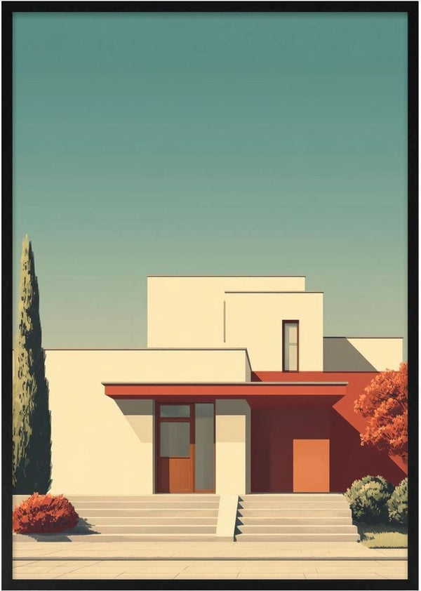 Minimalist modern house with geometric shapes, greenery, and clear sky; Floria Keys by David Wolf album cover.