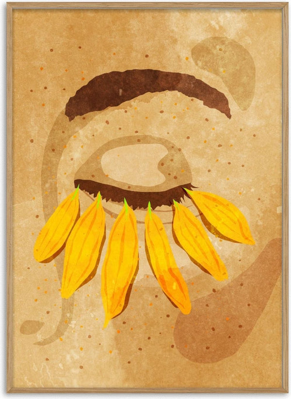 Artistic illustration of an eye with thick eyebrow and yellow flower petals as eyelashes, Flower power eye lashes.
