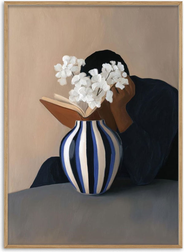 Painting of a person reading behind a striped vase with white flowers, featured on the Flower Reading product page.