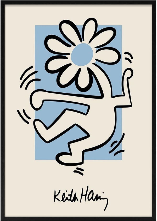 Abstract figure with a flower for a head, outlined in black on a blue background; Keith Haring signature below.