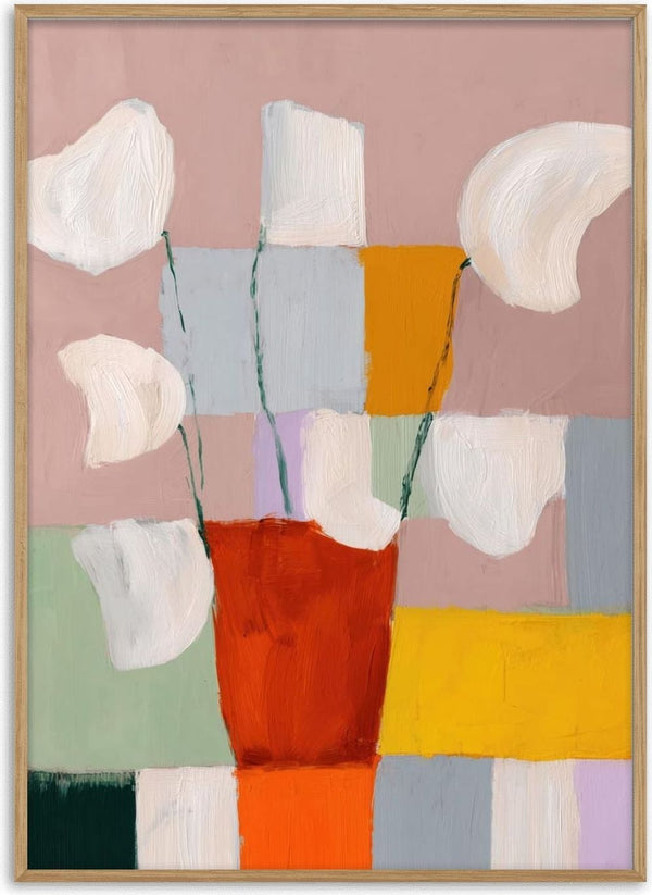 Abstract painting of a red flowerpot with white flowers, set against a colorful geometric background.
