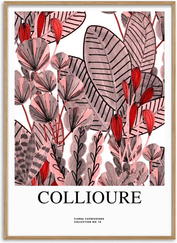 Art print of abstract red and pink flowers with leaves, titled "Collioure," featured on a Flowers at Collioure product page.