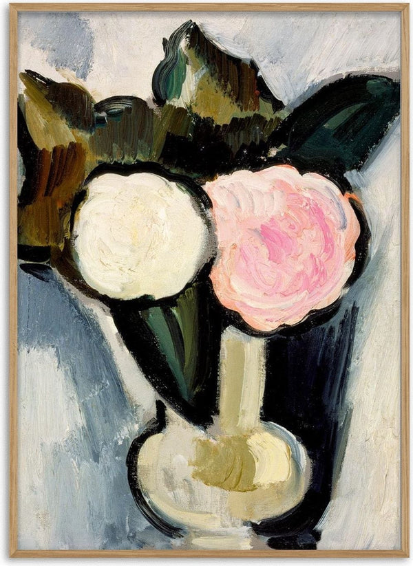 Poster of "Flowers in a Vase" by Marsden Hartley showing two flowers in a vase with bold, expressive brushstrokes.