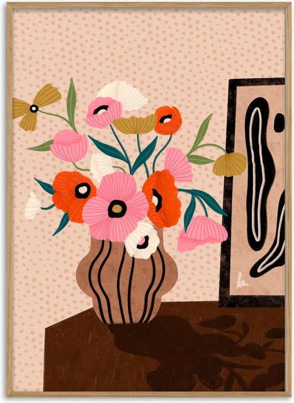 Illustration of colorful flowers in a vase on a sideboard next to modern art, by Bea Muller.