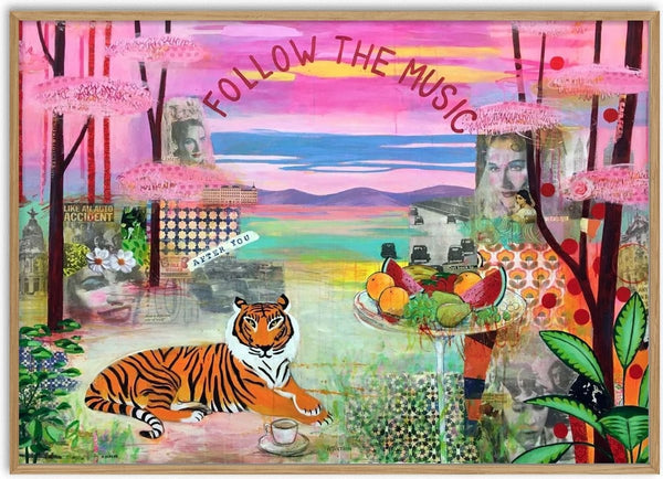Follow the music by María Burgaz - an orange tiger and a stand of fruit under a pink sky