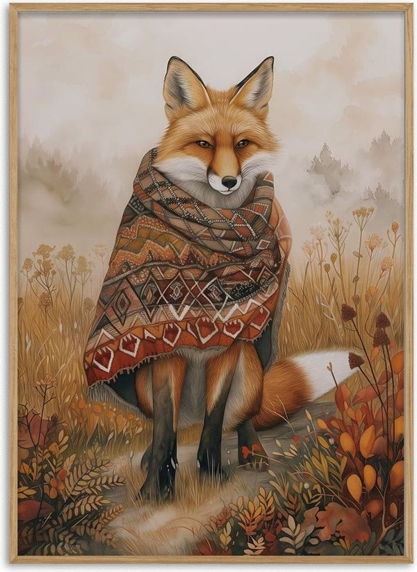 Illustration of a fox wearing a patterned shawl, sitting in an autumn field; Fox Out The Box product image.