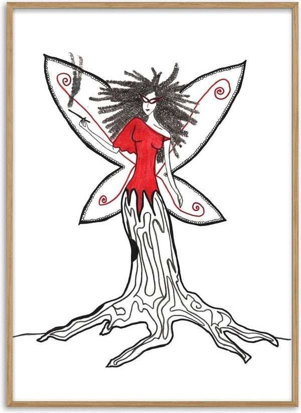 Freedom fairy by A Sleepy Spirit Art - a fairy in a red top with tree roots for a skirt, drawn in black ink