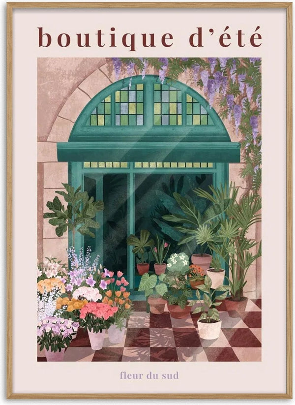 Illustration of a French flower shop entrance with lush plants and colorful flowers, labeled "boutique d'été".