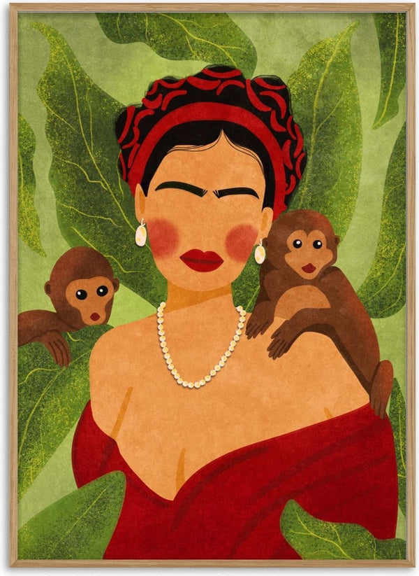 Illustration of a woman in red with two monkeys on her shoulders, set against large green leaves.