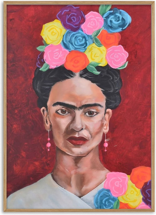 Frida Kahlo by creatievananne - the painter with a crown of bright roses against deep red
