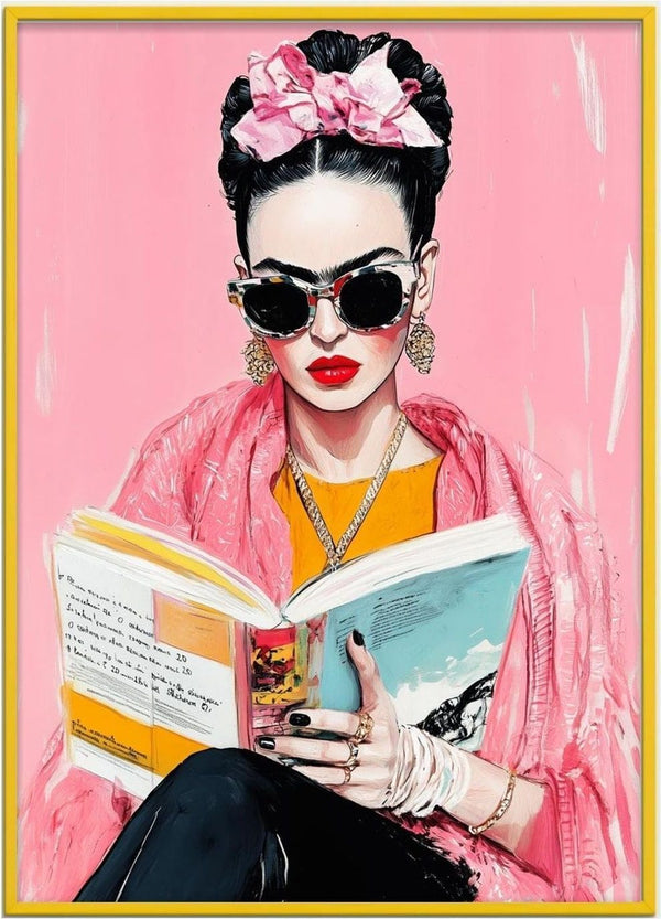 Illustration of a stylish woman reading the Frida Reading Book, wearing sunglasses and a pink shawl.