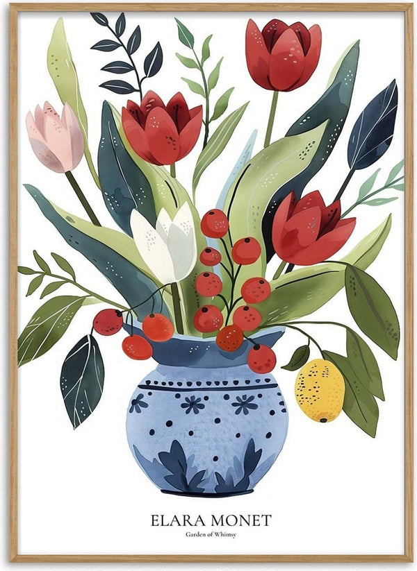 Illustration of red and white flowers in a blue vase with leaves, berries, and a lemon; Garden of Whimsy - Elara Monet.