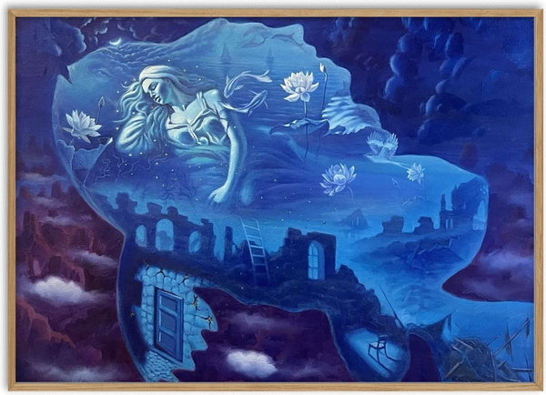 Genom den blå tystnaden by Ramz Gadzh - a sleeping woman formed from a blue cloud above ruins
