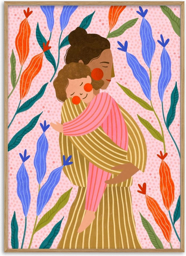 Gentle Mother's Embrace by Bea Müller – mother holding her sleepy child against pink floral background