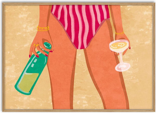 Illustration of a woman in a striped swimsuit holding wine and a glass at the beach, by Raissa Oltmanns.