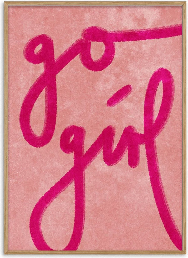 "Go girl" in bold pink script on a soft pink textured background, cover for Go girl by Raissa Oltmanns.