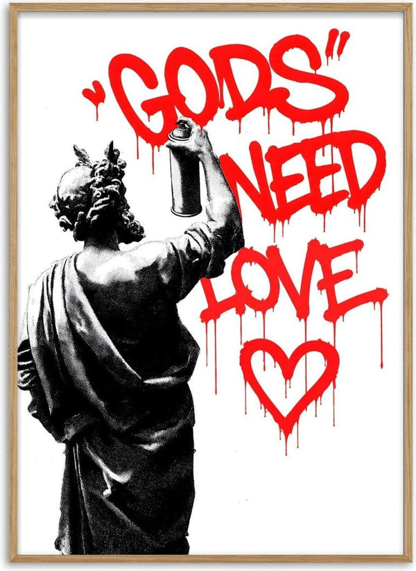 Gods need love by Dikhotomy - a classical statue spraying GODS NEED LOVE and a heart in dripping red on a white wall