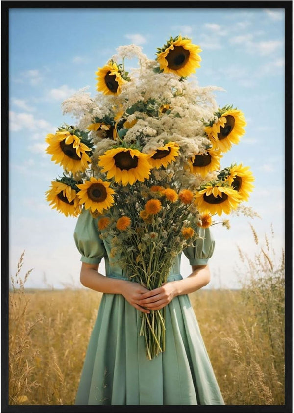 Person in a green dress holding a large bouquet of sunflowers and wildflowers in a sunny field.