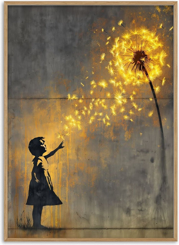 Golden Dandeloin x Banksy by Decker Studios - stencilled girl reaching for a glowing gold dandelion