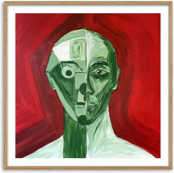 Green portrait / red field by Linor Citaku - a half-faceted green face against a deep red ground