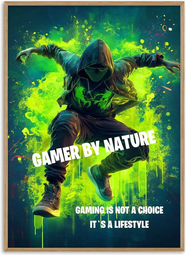 A hooded gamer jumps amid green spray paint with the text "Gamer by Nature" and "Gaming is not a choice, it's a lifestyle."