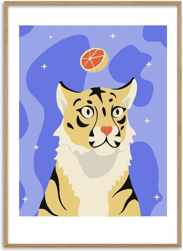Grrrapefruit by Jakob Falkenberg - a wide-eyed tiger with half a grapefruit floating above its head