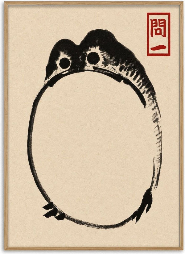 Grumpy Toad III Black by Matsumoto Hoji – open brushstroke toad in black ink on beige paper