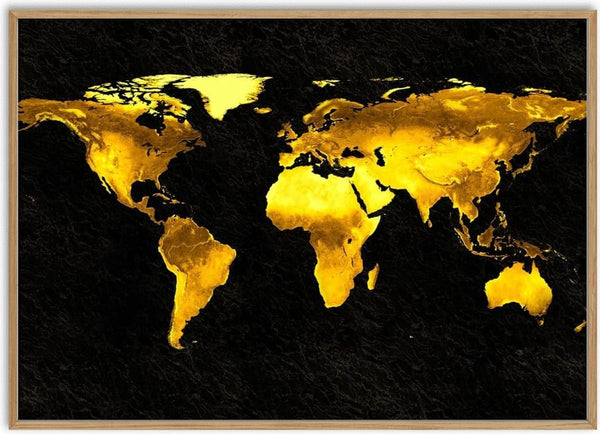 Gold world map poster with continents in gold tones on a black background.