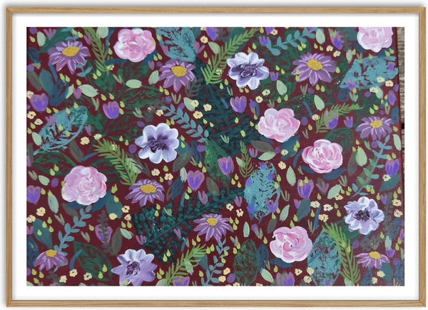 Hamble cottage by Rebecca Wright - pink and lilac flowers with teal leaves on a deep burgundy ground