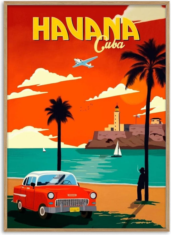 Vintage-style poster of Havana featuring a classic car, palm trees, ocean, lighthouse, plane and sunset sky.