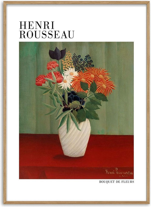 Bouquet De Fleurs by Henri Rousseau, featuring assorted flowers in a white vase on a red table against a green backdrop.