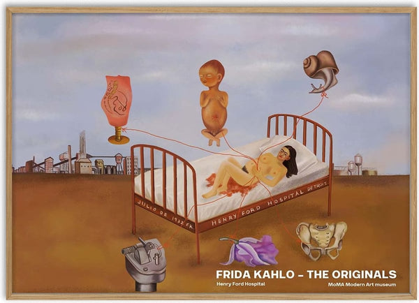 Frida Kahlo lies in a hospital bed, surrounded by surreal symbols and a Detroit industrial landscape.
